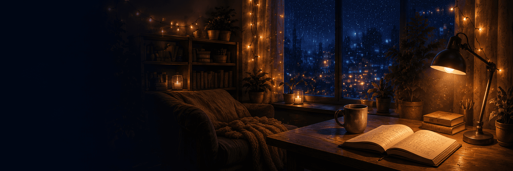 Cozy late-night study desk with open book under warm lamp overlooking rainy city window