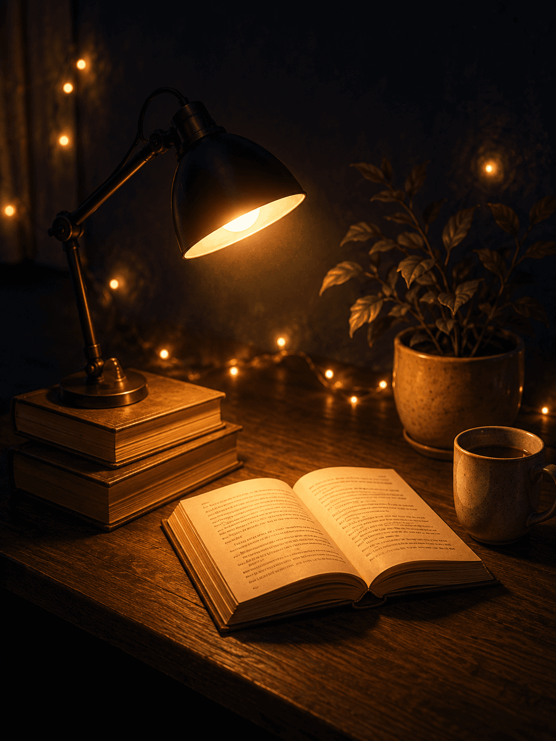 An open textbook illuminated by a warm tungsten desk lamp with coffee cup