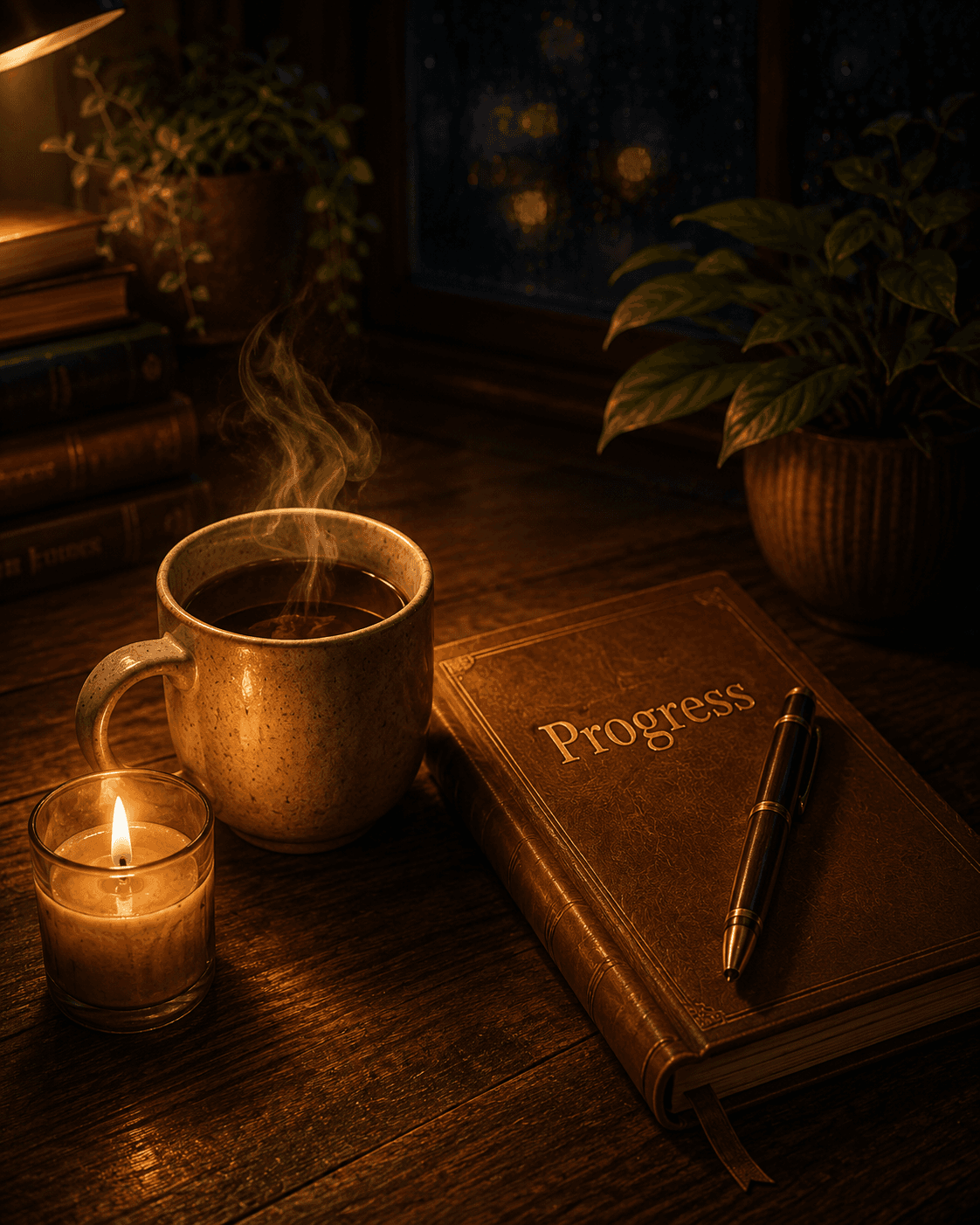 A steaming cup of tea beside a progress journal and candle on a late-night desk